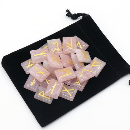 Runes Pink Crystal Luhn Letters, Onyx, Obsidian Luhn Wenjuniwen Engraving Semi-Gemstones 25