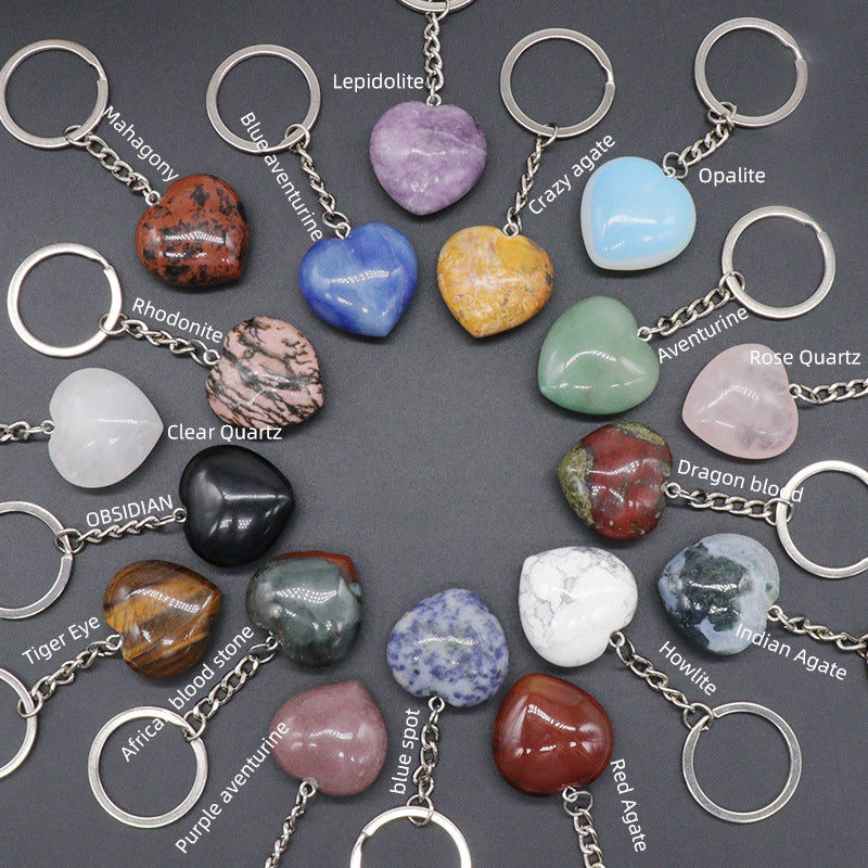 Crystal agate Stone 30mm love heart keyring heart Pendant DIY gift